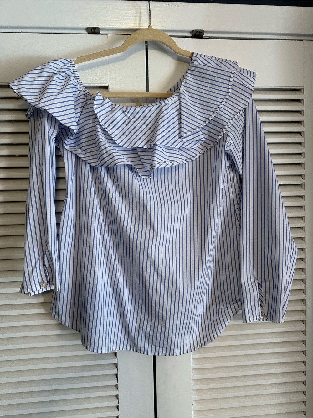Calvin Klein Blue and White Striped Ruffle Off-Shoulder Blouse